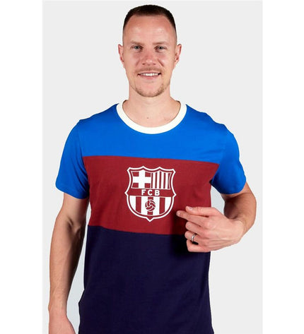 F.C. Barcelona men's short-sleeve football T-shirt with tricolor design, sporty outdoor soccer apparel in vibrant colors.