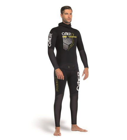 Omer Neopreen Omer Odino 5mm wetsuit in black, designed for water sports and outdoor activities, showing the wetsuit's textured fabric.