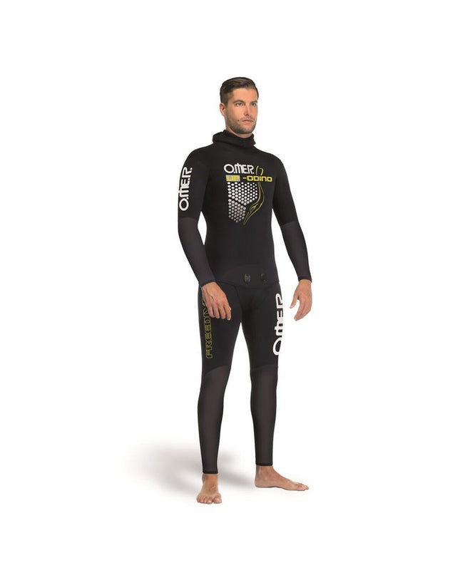 Omer Neopreen Omer Odino 5mm wetsuit in black, designed for water sports and outdoor activities, showing the wetsuit's textured fabric.