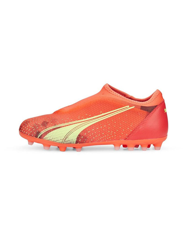 Puma Ultra Match LL MG orange football shoes for kids, designed for outdoor soccer, with a lightweight, supportive sole.