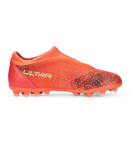 Puma Ultra Match LL MG orange football shoes for kids, sporty outdoor soccer footwear with lightweight design and grip sole.