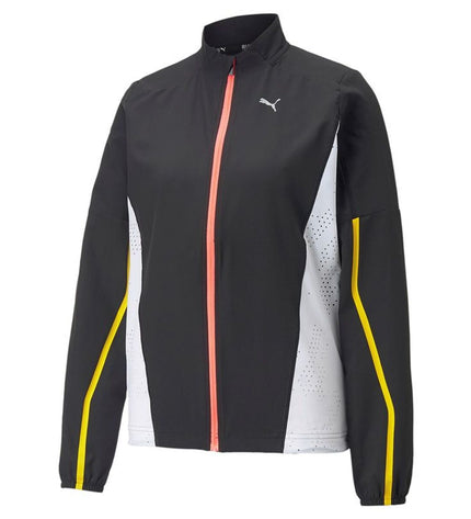 Black Puma sport jacket for women, outdoor and athletic wear, with a sleek design, suitable for active outdoor activities.