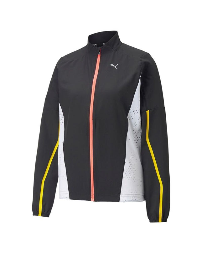 Black Puma sport jacket for women, outdoor and athletic wear, with a sleek design, suitable for active outdoor activities.