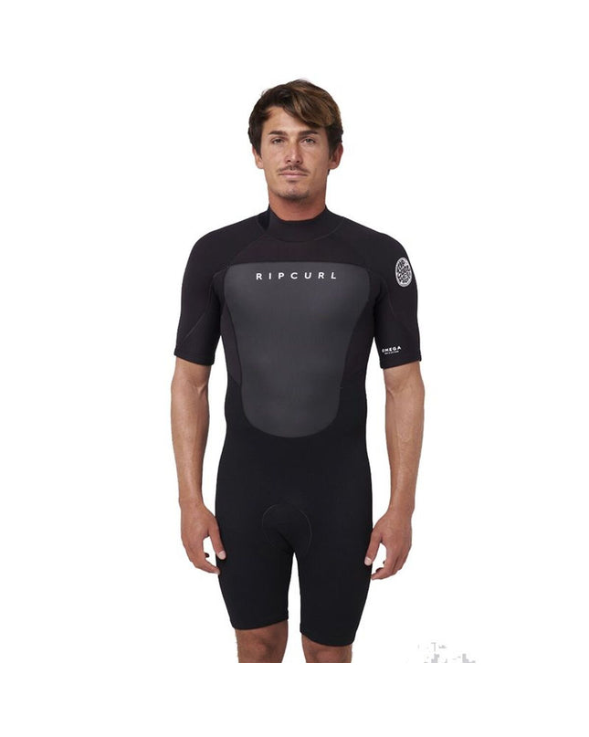 Rip Curl Omega 2/2 neoprene wetsuit in black, designed for watersports, featuring a snug fit and flexible material.