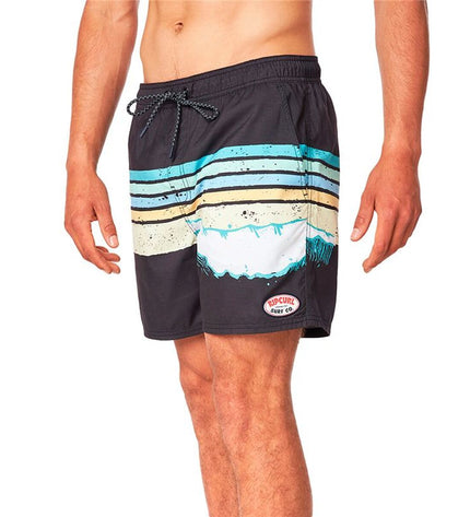 Black Rip Curl men's swim shorts with framed volley design, suitable for water sports and outdoor activities.