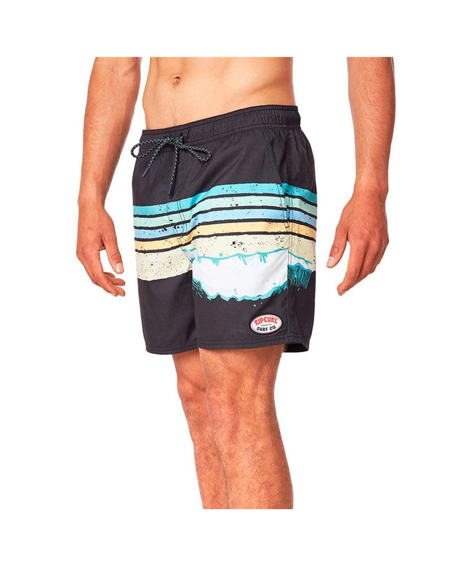 Black Rip Curl men's swim shorts with framed volley design, suitable for water sports and outdoor activities.