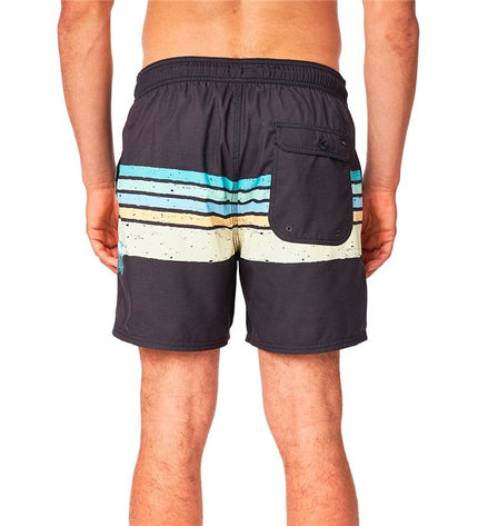 Rip Curl men's black framed volley swim trunks for sport and watersport activities, featuring a sporty design and adjustable waistband.