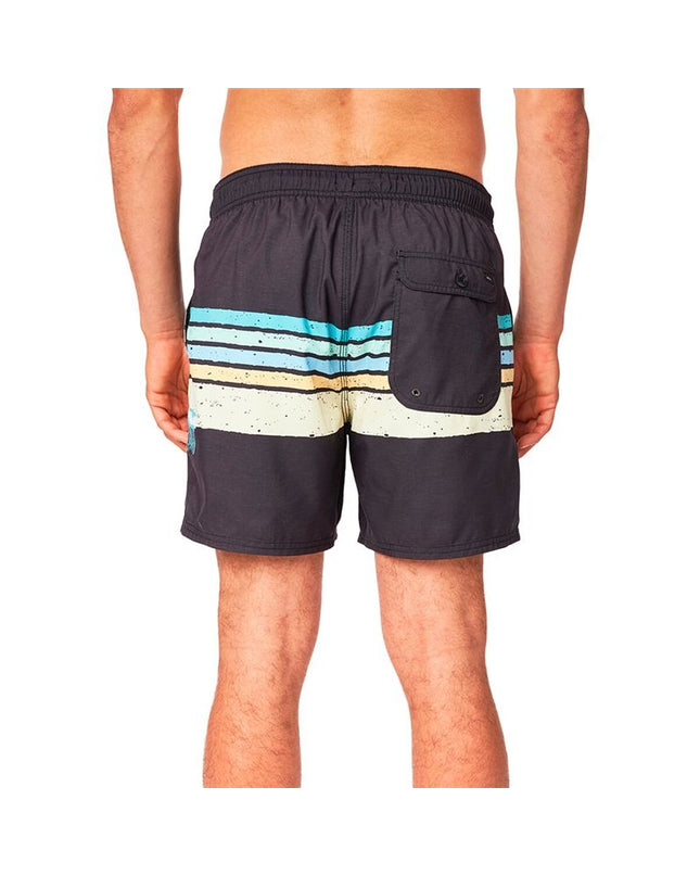 Rip Curl men's black framed volley swim trunks for sport and watersport activities, featuring a sporty design and adjustable waistband.