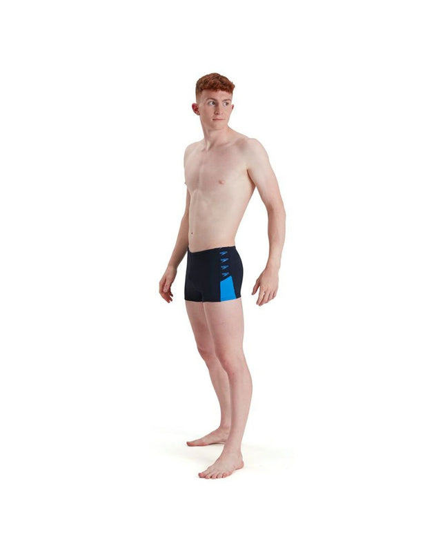 Dark blue men's Speedo swim trunks, sport and outdoor watersport shorts with elastic waistband.