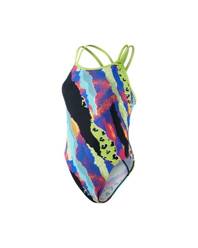 Black women's Speedo swimwear swimsuit with sleek design, suitable for water sports and outdoor activities.