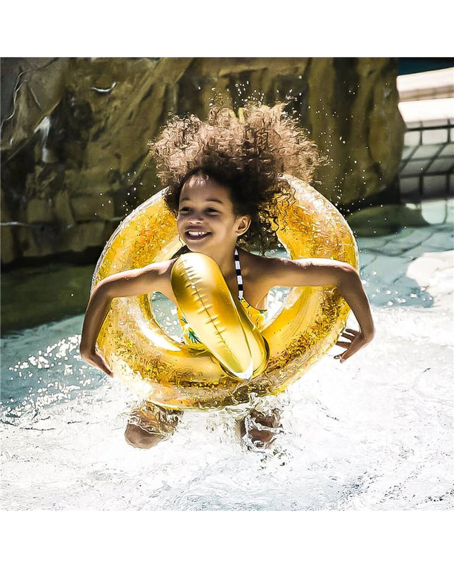 Inflatable swimming float by Swim Essentials, glitter gold design, 70 cm, suitable for pool fun and outdoor water activities.