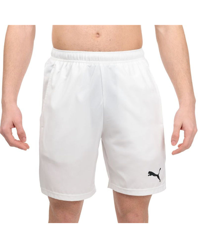 Puma Teamligadel Padel sport shorts for tennis, lightweight athletic sportswear in black with Puma logo, front view