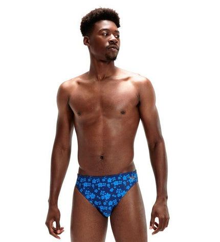 Blue men's Speedo swim brief, sport and outdoor watersport shorts, close-up of fabric and fit design.