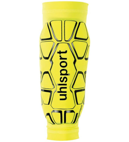 Yellow Uhlsport Bionikshield soccer shin guards designed for football, featuring protective padding and adjustable straps.