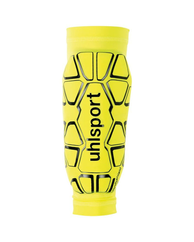 Yellow Uhlsport Bionikshield soccer shin guards designed for football, featuring protective padding and adjustable straps.