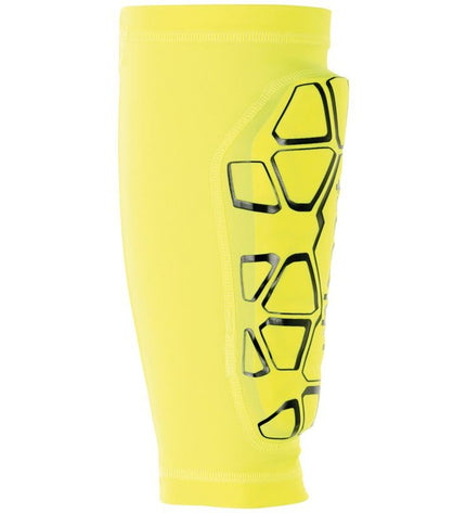 Yellow Uhlsport Bionikshield football shin guards with padding, designed for sport and outdoor soccer protection.