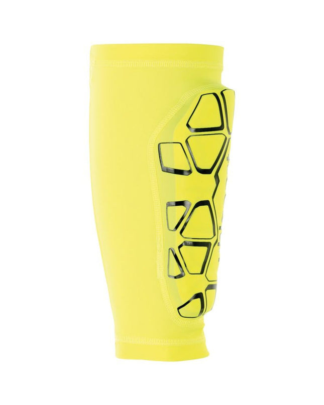 Yellow Uhlsport Bionikshield football shin guards with padding, designed for sport and outdoor soccer protection.