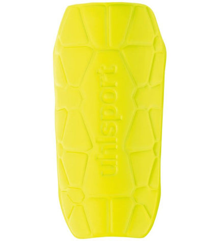 Yellow Uhlsport Bionikshield football shin guards, sport outdoor soccer protective gear with impact-resistant design.
