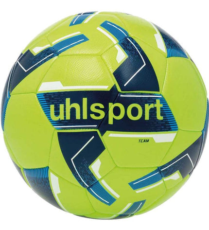 Green Uhlsport Team soccer ball for outdoor play, standard size, with detailed panel design visible in the image.