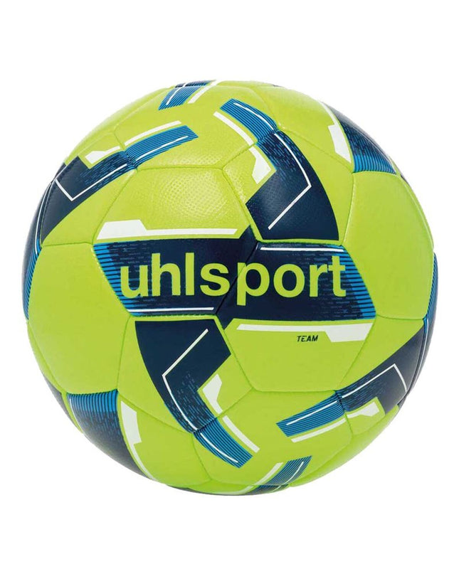 Green Uhlsport Team soccer ball for outdoor play, standard size, with detailed panel design visible in the image.