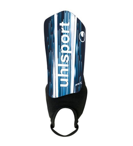Uhlsport Pro Lite Plus soccer shin guards for football, showing lightweight design and protective padding on a white background.