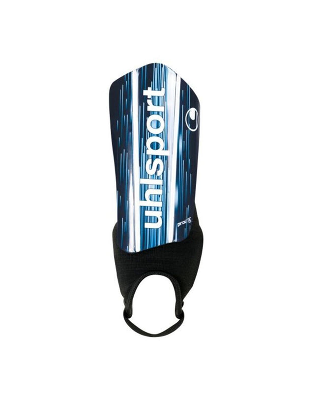 Uhlsport Pro Lite Plus soccer shin guards for football, showing lightweight design and protective padding on a white background.