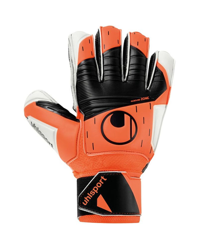 Orange Uhlsport Keeperhandschoenen Soft Resist+ Flex Frame, adult football goalkeeper gloves with reinforced palms and flexible wrist support.