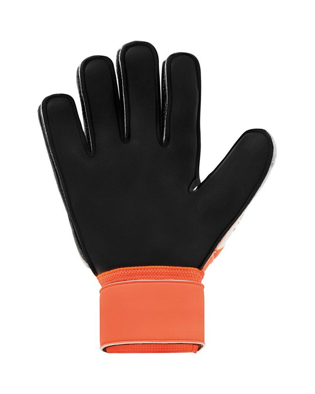 Adult Uhlsport Keeperhandschoenen Soft Resist+ Flex Frame in orange, designed for football goalkeeping, with padded and flexible features.
