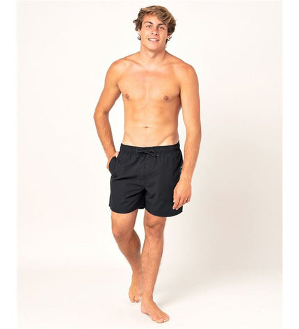 Black Rip Curl men's swim trunks, sporty design for watersports, with Rip Curl logo and quick-dry fabric, displayed on a hanger.