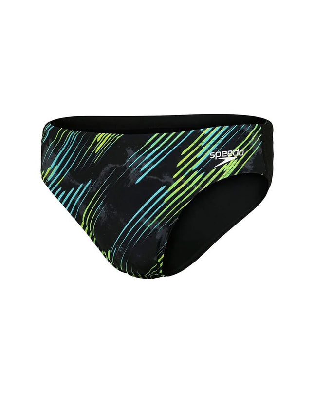 Speedo men's black swim trunk for water sports, sporty design, quick-drying fabric, displayed in a product image.