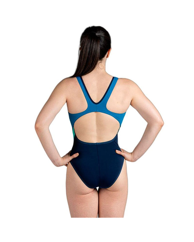 Blue women's Aquarapid one-piece swimsuit for water sports, featuring a sleek, form-fitting design suitable for swimming and aquatic activities.