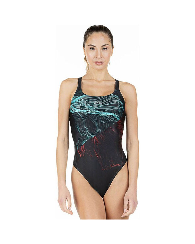 Black women's swimsuit by Aquarapid for water sports, featuring a sleek, fitted design suitable for swimming and outdoor watersport activities.