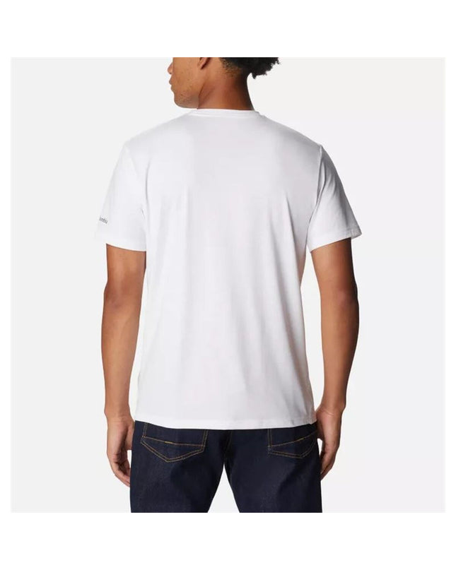 Columbia Sun Trek™ graphic sport T-shirt with short sleeves, white color, ideal for outdoor activities and hiking.
