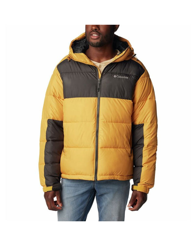 Columbia orange XL sport and outdoor jacket for camping and hiking, shown on a hanger with outdoor background.