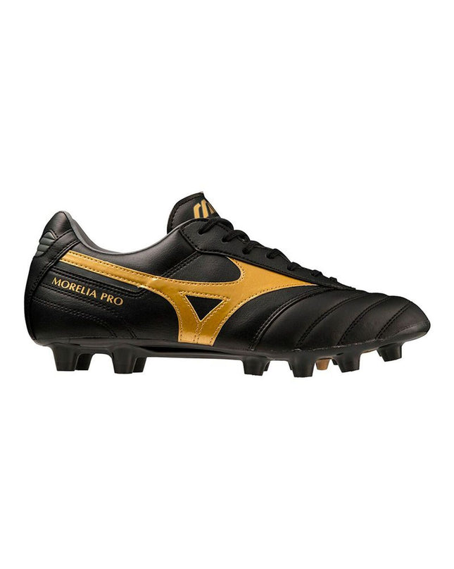 Mizuno adult soccer cleats for outdoor football, shown in black with Mizuno branding and textured sole, designed for sport and outdoor play.