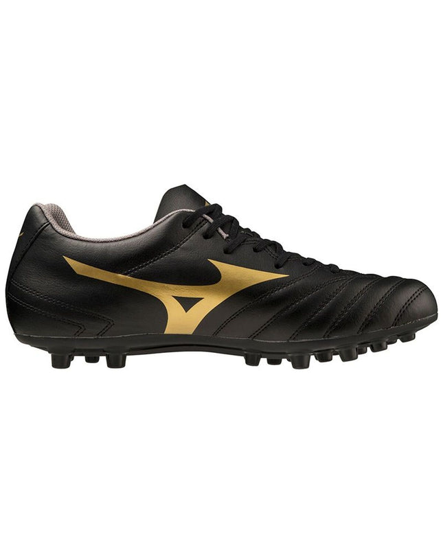 Mizuno Monarcida Neo II Select AG adult football shoes in black, designed for outdoor soccer, with studded outsole and sleek athletic style.