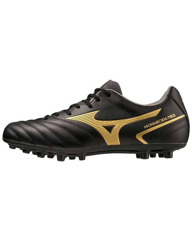 Black Mizuno Monarcida Neo II Select AG adult football shoes for outdoor sports, featuring synthetic upper and studded outsole.