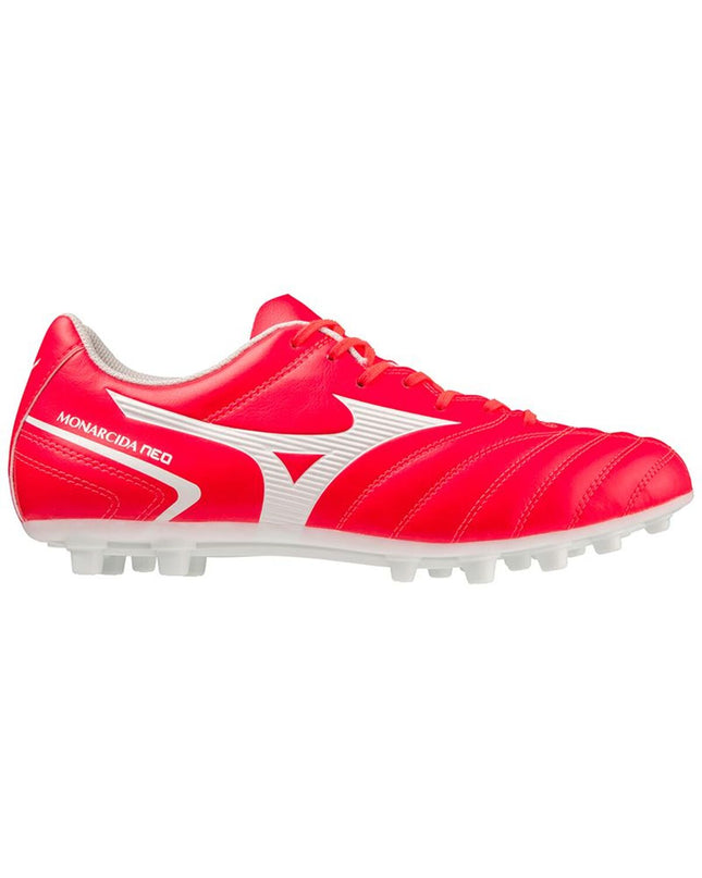 Red Mizuno Monarcida Neo II Select AG adult soccer shoes for outdoor football, featuring sport and outdoor design.