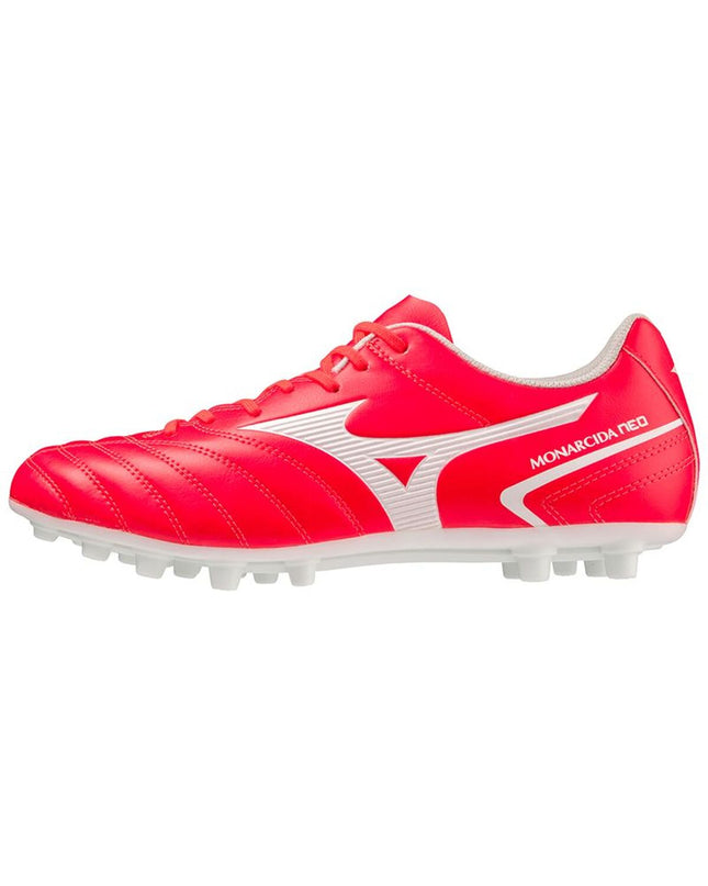 Mizuno Monarcida Neo II Select AG men's soccer shoes in scarlet red with black accents, designed for outdoor football play.