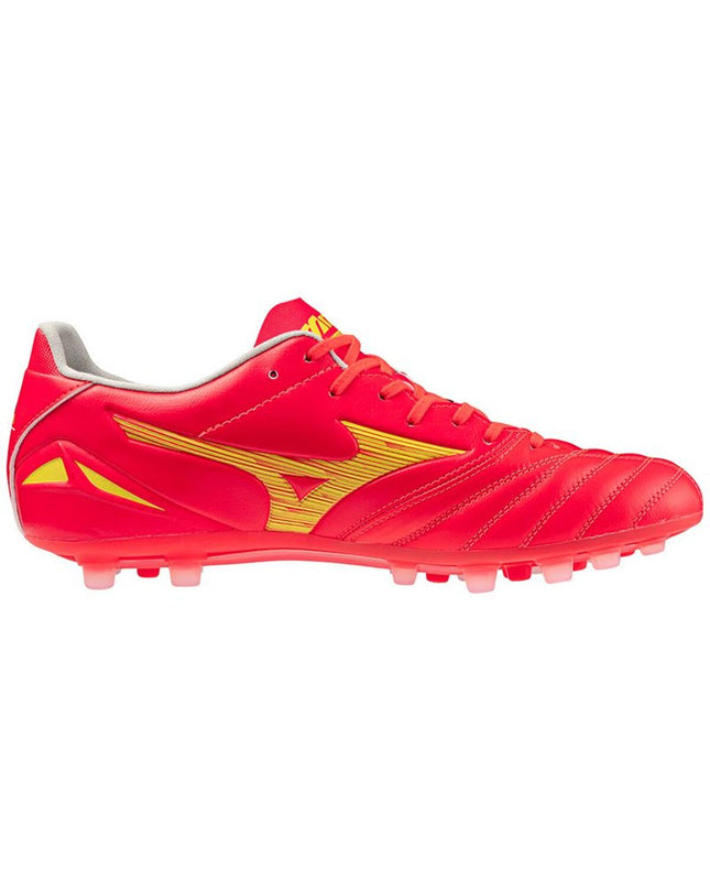 Red Mizuno Morelia Neo IV Pro AG adult football cleats for outdoor soccer, showing the sporty design and branding details.