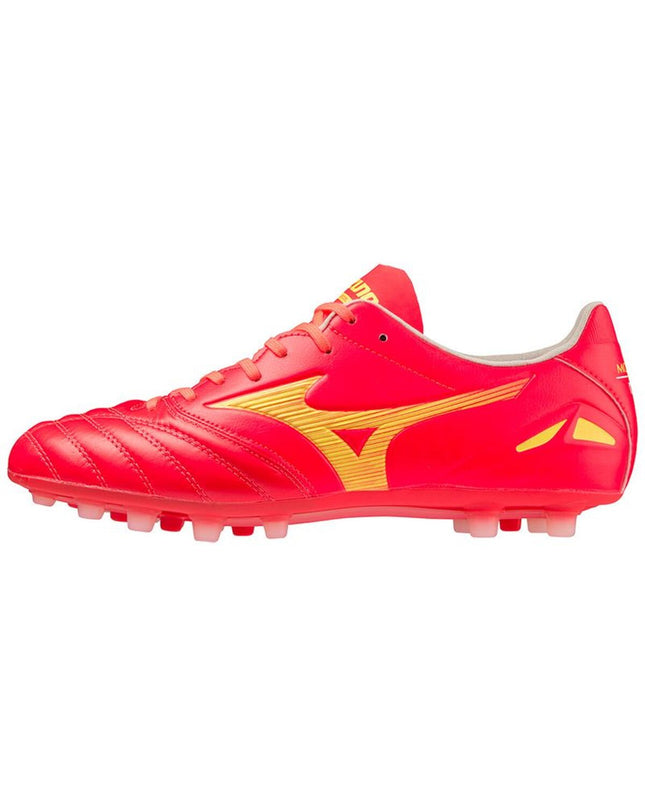 Red Mizuno Morelia Neo IV Pro AG adult football boots, sporty outdoor soccer shoes with sleek design and premium craftsmanship.