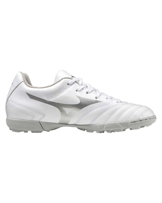 White Mizuno Monarcida Neo II Select AS soccer cleats for kids, designed for sport and outdoor football play.