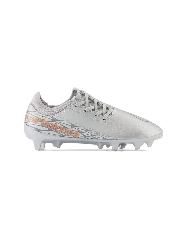 Gray New Balance Furon v7 Dispatch FG kids' soccer cleats for outdoor football, designed for young players' sport and outdoor activities.