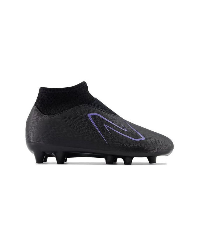 Black New Balance Tekela v4 Magique football boots for sport and outdoor soccer, featuring a sleek design and synthetic upper.