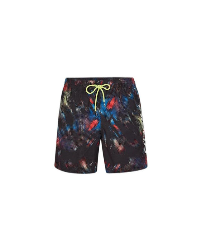 Black O'Neill men's swim trunks for sports and watersports, shown on a model with a close-up view of the fabric and fit.