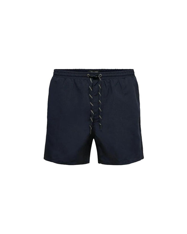 Navy men's swim trunks by Only & Sons, suitable for sports and watersports, shown in a close-up image with fabric texture.