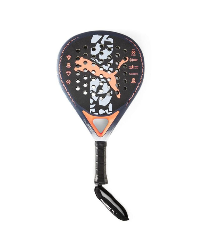 Puma paddle tennis racket 049011 01 with black and white design, lightweight frame, and textured hitting surface for outdoor sport.