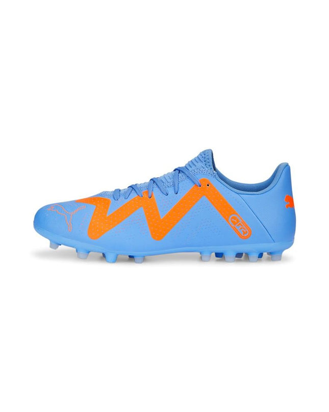Adult Puma Future Play MG Glimmer football sport shoes with black and silver design, suitable for outdoor soccer.