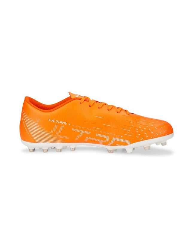 Puma Ultra Play MG orange adult football shoes for outdoor sports, featuring lightweight design and studded sole for grip.