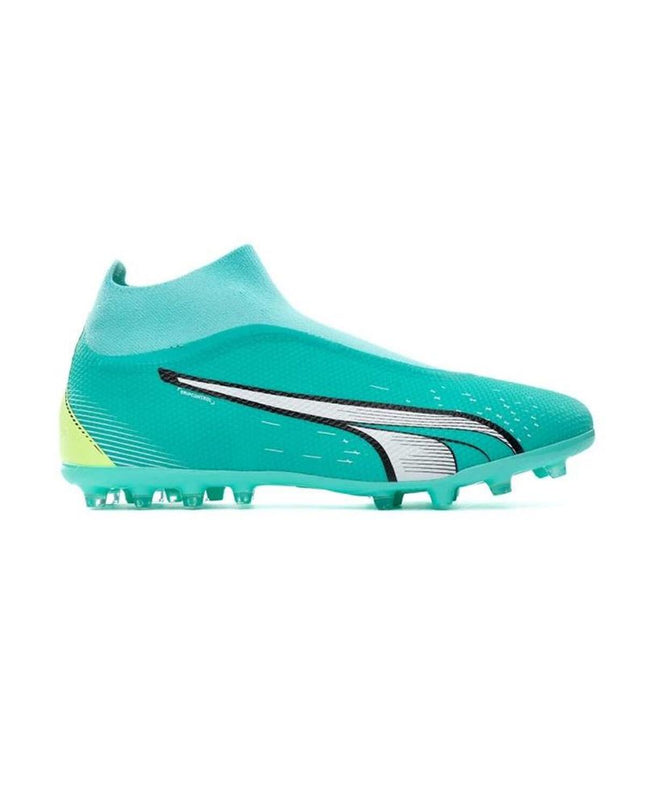 Adult Puma football shoes in aquamarine for outdoor soccer, featuring breathable material and durable sole for sports play.